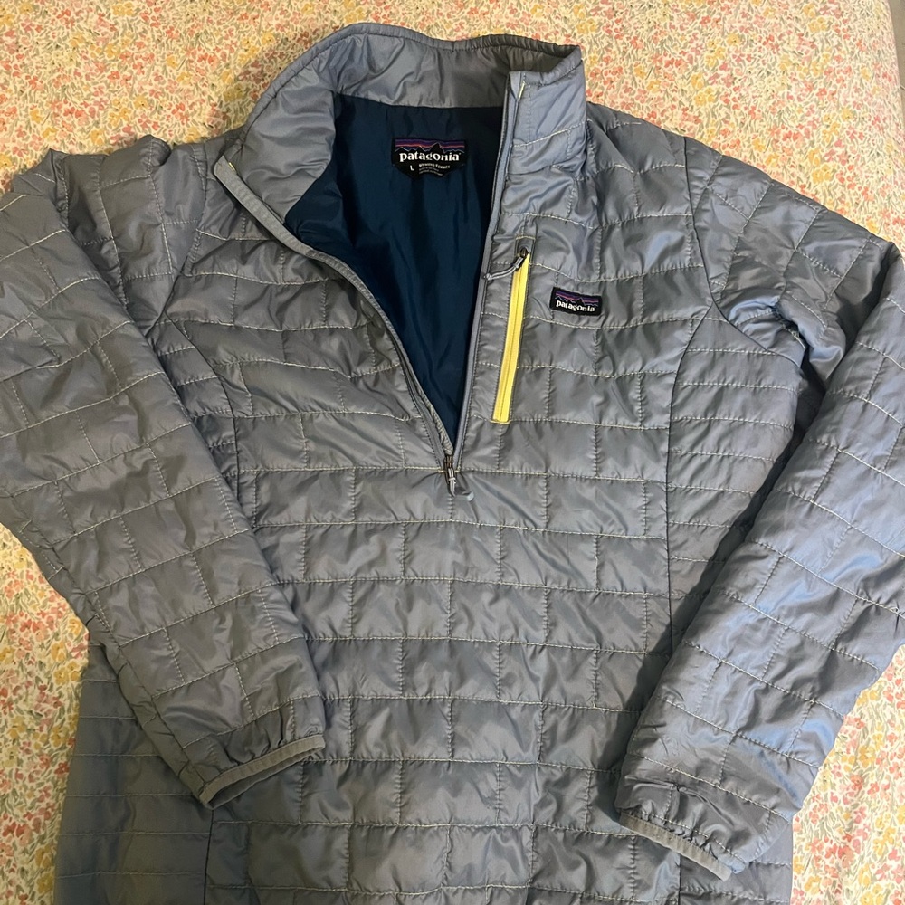 Large Blue Patagonia Women's Nanopuff Quarter-Zip w/ Neon Yellow Zip Pocket